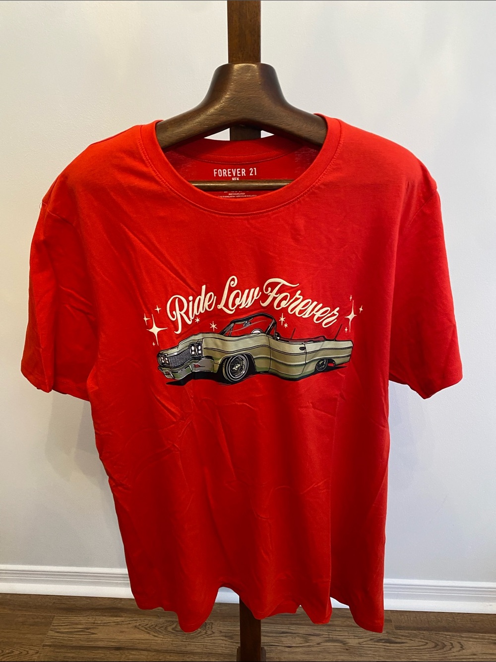 Lowrider - Forever 21 Men’s Red 'Ride Low Forever' Graphic Tee with Classic Car